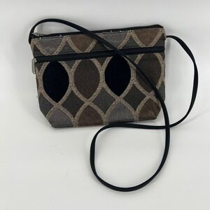 Danny K Small‎ Crossbody Bag Geometric Pattern Black Brown Tan Zipper Pockets